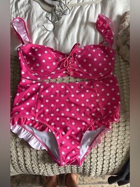 Women’s Hot Pink Polka Dot High-Waist Bikini Set